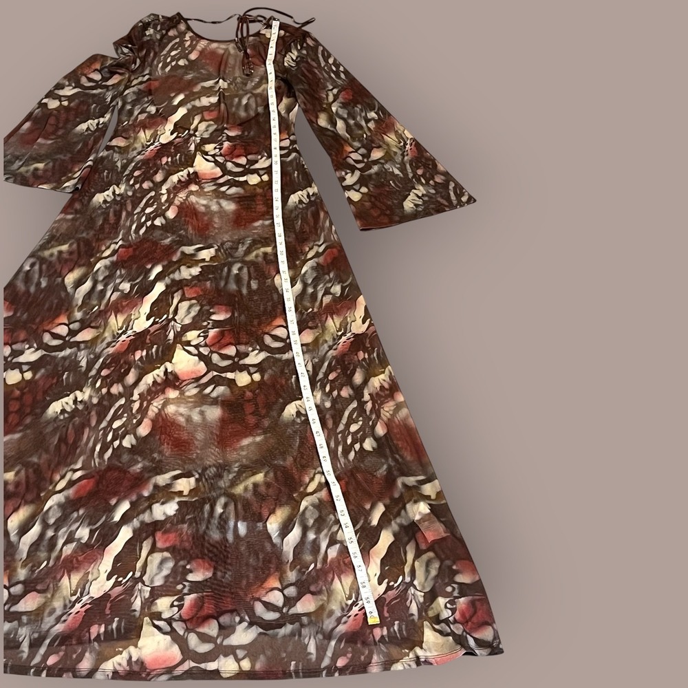 Sheer Mesh Abstract Print Maxi Dress Open Back Tie Neck Bell Sleeve Boho Y2K M/L - Picture 13 of 16